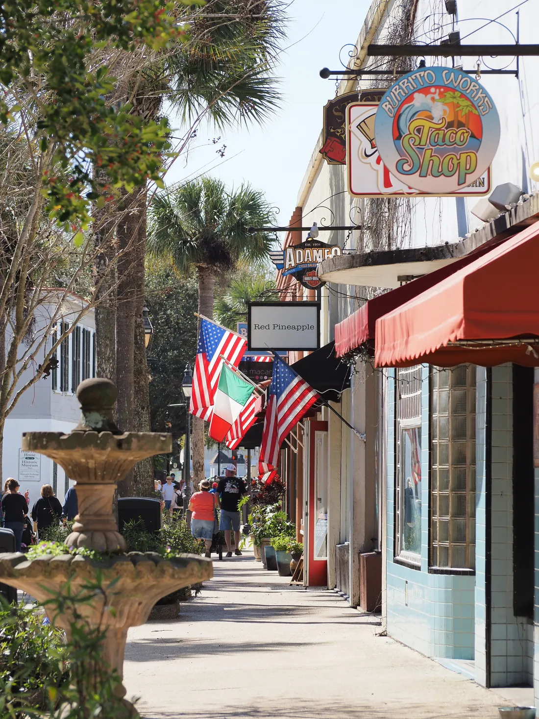 Shops, flags and palm trees along St. George Street on a sunny day.
